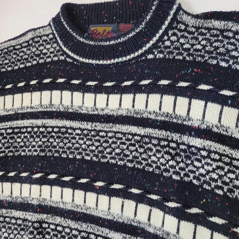 Vintage Lightning Bolt Black and White, Confetti Knit Sweater Medium Mens